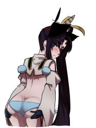 Rule 34 | 1girl, ass, ass grab, back, bad id, bad pixiv id, black hair, black hat, blue eyes, blush, butt crack, detached sleeves, fate/grand order, fate (series), gloves, hat, headwear request, long hair, looking at viewer, shimomoto, side ponytail, simple background, solo, ushiwakamaru (fate), very long hair, white background