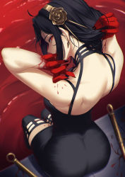 Rule 34 | 1girl, arms up, ass, backless dress, backless outfit, black dress, black hair, black nails, black thighhighs, blood, blood on hands, bloody weapon, blueorca, dress, earrings, flower, from above, from behind, gold earrings, gold hairband, hair ornament, hairband, highres, jewelry, looking at viewer, looking back, looking up, nail polish, pool of blood, red eyes, revision, rose, sitting, solo, spikes, spy x family, thighhighs, weapon, yor briar