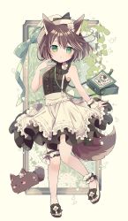 Rule 34 | 1girl, animal, animal ear fluff, animal ears, apron, aruya (flosrota), bag, bare arms, bare shoulders, black dress, blush, breasts, brown hair, center frills, check commentary, commentary, commentary request, dog, dog ears, dog girl, dog tail, dress, flower, frilled apron, frills, full body, green eyes, green nails, hair between eyes, hair flower, hair ornament, hand up, hat, highres, looking at viewer, nail polish, original, parted lips, sandals, shoulder bag, single wrist cuff, sleeveless, sleeveless dress, small breasts, solo, standing, standing on one leg, tail, toenail polish, toenails, white apron, white flower, white footwear, white hat, wrist cuffs