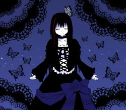 Rule 34 | 1girl, black dress, black hair, bug, butterfly, choker, closed eyes, dress, female focus, frills, gothic lolita, insect, j-rock, lolita fashion, long hair, multicolored hair, pitsuuta, simple background, smile, solo, standing, straight hair, two-tone hair, wide sleeves, yousei teikoku, yui (yousei teikoku)
