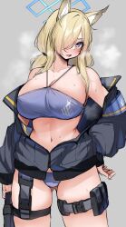 Rule 34 | 1girl, absurdres, animal ears, arm at side, bikini, black coat, blonde hair, blue archive, blue bikini, blue eyes, blush, breasts, cleavage, coat, collarbone, gluteal fold, grey background, hair over one eye, halo, hand on own hip, highres, holster, kanna (blue archive), kshimu, large breasts, long hair, looking at viewer, mechanical halo, navel, off-shoulder coat, off shoulder, simple background, standing, steam, stomach, swimsuit, thigh holster, thigh strap
