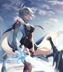 Rule 34 | 1girl, absurdres, afri, bird, black gloves, black hairband, black thighhighs, blue cape, blue hair, blue necktie, blue sky, bodysuit, boots, breasts, butterfly hair ornament, cape, closed mouth, cloud, eula (genshin impact), floating cape, floating hair, from side, genshin impact, gloves, gradient eyes, hair ornament, hairband, highres, holding, holding sword, holding weapon, large breasts, long hair, multicolored eyes, necktie, outdoors, purple eyes, sky, solo, sword, thigh boots, thighhighs, vision (genshin impact), weapon, wind