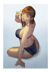 Rule 34 | 1girl, arm support, ass, bare arms, bare shoulders, bikini, black bikini, bracelet, breasts, brown eyes, brown hair, fingernails, from behind, full body, gradient background, hand up, highres, homare (fool&#039;s art), jewelry, large breasts, lips, lipstick, long hair, looking at viewer, looking back, makeup, open mouth, original, side-tie bikini bottom, sitting, smile, solo, swimsuit, teeth, thighs, upper teeth only, v