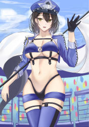Rule 34 | 1girl, azur lane, baltimore (azur lane), baltimore (finish line flagbearer) (azur lane), bikini, black bikini, blue bikini, blue footwear, blue hat, blue jacket, blue shorts, blue sky, boots, braid, breasts, brown hair, chest harness, choker, cleavage, cloud, collarbone, commentary, cowboy shot, cropped jacket, day, flag, french braid, gloves, groin, hair between eyes, hand up, harness, hat, highleg, highleg bikini, highres, holding, holding pole, jacket, looking at viewer, medium breasts, micro shorts, mismatched bikini, navel, official alternate costume, open clothes, open jacket, open mouth, peaked cap, pole, race queen, ref (pmxt4483), short hair, shorts, sidelocks, single glove, skindentation, sky, solo, standing, stomach, swimsuit, thigh boots, underbust, yellow eyes