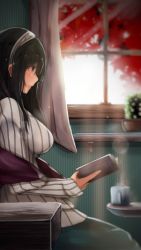 Rule 34 | 10s, 1girl, absurdres, black hair, blue eyes, blurry, blush, book, breasts, cup, curtains, depth of field, hairband, highres, idolmaster, idolmaster cinderella girls, large breasts, long hair, open book, profile, reading, ribbed sweater, ryuu., sagisawa fumika, shawl, sitting, smile, solo, sunlight, sweater, teacup, tree, window