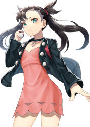 Rule 34 | 1girl, aqua eyes, asymmetrical bangs, asymmetrical hair, black hair, black jacket, black nails, blush, breasts, choker, collarbone, commentary request, creatures (company), dress, earrings, ebinomi, from below, game freak, hair ribbon, highres, holding, holding poke ball, jacket, jewelry, long hair, long sleeves, looking at viewer, marnie (pokemon), nail polish, nintendo, open clothes, pink dress, poke ball, poke ball (basic), pokemon, pokemon swsh, red ribbon, ribbon, simple background, small breasts, solo, twintails, white background