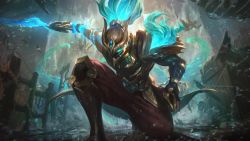 Rule 34 | absurdres, armor, artist request, black gloves, black skin, blue skin, colored skin, fingerless gloves, foot out of frame, gloves, green hair, helmet, highres, holding, holding sword, holding weapon, league of legends, long hair, official alternate costume, official art, on one knee, pants, ponytail, red pants, sea dog yasuo, shoulder armor, solo focus, sword, water, weapon, yasuo (league of legends)