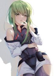 Rule 34 | 1girl, absurdres, arm under breasts, bare shoulders, black leotard, breasts, budgiepon, c.c., code geass, collared leotard, cosplay, cowboy shot, cropped jacket, finger to mouth, green hair, halter leotard, halterneck, heattech leotard, highleg, highleg leotard, highres, hip vent, jacket, leotard, long hair, long sleeves, looking at viewer, lucy (cyberpunk), lucy (cyberpunk) (cosplay), medium breasts, off-shoulder jacket, off shoulder, shadow, sleeveless turtleneck leotard, solo, standing, yellow eyes