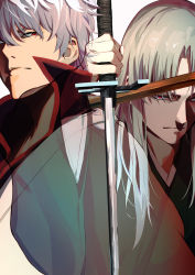 Rule 34 | 2boys, absurdres, blonde hair, cup, gintama, highres, holding, holding cup, holding weapon, ibaraki shun, japanese clothes, long hair, male focus, multiple boys, overlapped images, red eyes, sakata gintoki, sword, transparent, utsuro, weapon, white hair, wooden sword