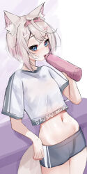 Rule 34 | 1girl, absurdres, animal ear fluff, animal ears, black shorts, blonde hair, blue eyes, blush, bottle, breasts, crop top, crop top overhang, dog ears, dog girl, dog tail, hair ornament, highres, holding, holding bottle, hololive, hololive dance practice uniform, hololive english, looking at viewer, medium hair, mococo abyssgard, multicolored hair, navel, official alternate costume, pink hair, rifufu, short shorts, shorts, small breasts, streaked hair, tail, virtual youtuber, water bottle, x hair ornament