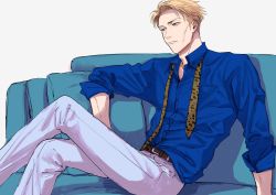 Rule 34 | animal print, belt, blonde hair, blue eyes, blue shirt, couch, expressionless, feet out of frame, highres, jujutsu kaisen, leopard print, long sleeves, male focus, nanami kento, necktie, pants, shirt, short hair, sitting, solo, undone necktie, white background, white pants, yellow necktie, yuu (1969loy)