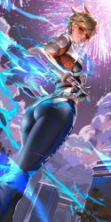 Rule 34 | 1girl, alternate color, ass, black gloves, black pants, blonde hair, earrings, fingerless gloves, fireworks, gloves, highres, jacket, jewelry, le sserafim, liang xing, looking at viewer, official alternate costume, official alternate hairstyle, orange goggles, overwatch, overwatch 2, pants, short hair, signature, solo, tracer (overwatch), traysi tracer