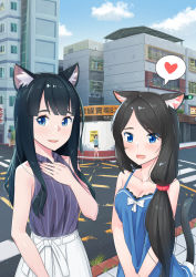 Rule 34 | 2girls, :d, absurdres, aina (mao lian), animal ear fluff, animal ears, black hair, blue eyes, blue sky, blunt bangs, blush, breasts, brown hair, cat ears, cat tail, cleavage, collared shirt, day, dress, hair ornament, hair over shoulder, hair scrunchie, hand on own chest, heart, highres, long hair, looking at viewer, mao lian (nekokao), medium breasts, multiple girls, open mouth, original, outdoors, purple shirt, scrunchie, shirt, skirt, sky, smile, spoken heart, tail, very long hair, white skirt, wing collar