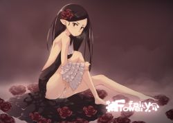 Rule 34 | backless dress, backless outfit, brown hair, copyright name, detached sleeves, dress, female masturbation, flower, flower fairy, long hair, looking at viewer, masturbation, misink, no legwear, backless dress, pointy ears, solo, tagme