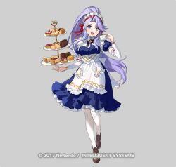Rule 34 | 1girl, :d, apron, blue dress, brown footwear, cake, commentary request, cookie, cup, dress, fire emblem, fire emblem: genealogy of the holy war, fire emblem heroes, food, full body, grey background, hair ribbon, hand up, holding, holding cup, long hair, looking at viewer, maid, maid headdress, nintendo, official alternate costume, official art, open mouth, pantyhose, petticoat, ponytail, puffy short sleeves, puffy sleeves, purple eyes, purple hair, red ribbon, ribbon, shoes, short sleeves, simple background, smile, solo, standing, tailtiu (fire emblem), teacup, tray, urata asao, very long hair, white apron, white pantyhose