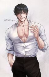 Rule 34 | 1boy, black hair, black pants, cigarette, collarbone, cowboy shot, fushiguro touji, grin, hand in pocket, highres, holding, holding cigarette, inniming, jujutsu kaisen, looking at viewer, male focus, muscular, muscular male, pants, pectoral cleavage, pectorals, scar, scar on face, scar on mouth, shirt, smile, solo, teeth, twitter username, white background, white shirt