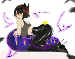 Rule 34 | 1girl, absurdres, ass, bare shoulders, black feathers, black footwear, black hair, blush, brashear lushert, breasts, closed mouth, crop top, electricity, feathers, fingernails, from side, full body, genshin impact, hair between eyes, hair ornament, high heels, highres, kujou sara, large breasts, looking at viewer, looking back, mask, mask on head, medium breasts, nail art, nail polish, pants, purple nails, short hair, sideboob, simple background, sleeveless, slime (creature), slime (genshin impact), solo, sports bra, stiletto heels, tattoo, white background, yellow eyes