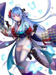 Rule 34 | 1girl, absurdres, ahoge, azur lane, black gloves, blue hair, blush, breasts, closed mouth, floating hair, flower, full body, gloves, hair flower, hair ornament, helena (azur lane), helena (new year&#039;s bluebird) (azur lane), highres, japanese clothes, kimono, kurono hyouka, long hair, long sleeves, looking at viewer, medium breasts, obi, purple eyes, red flower, sash, short kimono, signature, simple background, smile, solo, thighhighs, twitter username, very long hair, white background, white thighhighs, wide sleeves