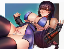 Rule 34 | 1girl, artist name, badcompzero, bare shoulders, black background, black hair, blue background, blush, border, breasts, commentary, covered erect nipples, cowboy shot, earrings, elbow gloves, english commentary, final fantasy, final fantasy vii, final fantasy vii remake, fingerless gloves, gloves, gradient background, highres, jewelry, large breasts, long hair, looking at viewer, multicolored background, navel, navel piercing, open mouth, panties, piercing, pubic tattoo, red eyes, solo, square enix, tattoo, teeth, thighhighs, tifa lockhart, toned, tongue, underwear, watermark, white border