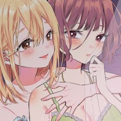 Rule 34 | 2girls, :d, blonde hair, blush, bra, breasts, brown eyes, brown hair, cleavage, copyright request, curtain grab, curtains, embarrassed, fingernails, frilled bra, frills, green bra, hug, hug from behind, jewelry, kawai rou, large breasts, multiple girls, open mouth, purple background, ring, short hair, smile, strap slip, underwear, upper body, wedding band, yellow eyes, yuri