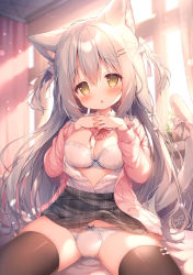 Rule 34 | 1girl, animal ear fluff, animal ears, black thighhighs, blush, bow, bow bra, bow panties, bra, breasts, brown eyes, cardigan, cat ears, cat girl, cat tail, cleavage, clothes lift, grey hair, grey skirt, hair ornament, hairclip, hands on own chest, highres, long hair, looking at viewer, medium breasts, momozu komamochi, open clothes, open shirt, oppai loli, original, own hands together, panties, pink cardigan, plaid, plaid skirt, ribbon, shirt, sitting, skirt, skirt lift, solo, spread legs, tail, tail ornament, tail ribbon, thighhighs, thighs, two side up, unbuttoned, underwear, white bra, white panties, white shirt