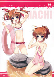 Rule 34 | 1girl, absurdres, bikini, blue eyes, blush, breasts, brown hair, character name, collarbone, frilled bikini, frills, hair ornament, hair ribbon, highres, innertube, jewelry, looking at viewer, lyrical nanoha, mahou shoujo lyrical nanoha, mahou shoujo lyrical nanoha a&#039;s, multiple views, navel, necklace, nipples, nude, onsen, open mouth, raiou, raising heart, raising heart (standby mode), ribbon, short hair, sitting, small breasts, smile, swim ring, swimsuit, takamachi nanoha, towel, twintails, white bikini