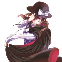 Rule 34 | 1girl, black cape, black ribbon, bolo tie, bow, brown hair, cape, closed mouth, collared shirt, glasses, hand on headwear, hat, hat bow, holding, kyuu umi, long hair, long sleeves, looking at viewer, low twintails, one eye covered, plaid, red-framed eyewear, red eyes, ribbon, semi-rimless eyewear, shade, shirt, smile, solo, touhou, twintails, under-rim eyewear, upper body, usami sumireko, white background, white bow, white shirt