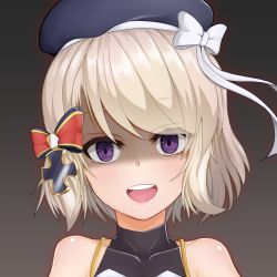 Rule 34 | 1girl, :d, azur lane, bare shoulders, beret, black background, blue eyes, blush, bodystocking, bow, covered collarbone, cross, hair between eyes, hair bow, hair ornament, hat, iron cross, light brown hair, looking at viewer, open mouth, portrait, ribbon, shaded face, short hair, sigeranai, simple background, sleeveless, smile, solo, striped, striped bow, swept bangs, teeth, upper teeth only, white ribbon, z23 (azur lane)