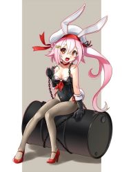 Rule 34 | 10s, 1girl, adapted costume, animal ears, beret, black gloves, breasts, brown pantyhose, chair, cleavage, collar, drum (container), fake animal ears, full body, gloves, hair ornament, harusame (kancolle), hat, high heels, jpeg artifacts, kantai collection, katahira masashi, leotard, long hair, open mouth, pantyhose, pink eyes, pink hair, playboy bunny, rabbit ears, rabbit tail, red eyes, ribbon, side ponytail, sitting, smile, solo, tail