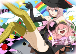 Rule 34 | &gt; &lt;, 1girl, ;d, alternate costume, apple, ass, bad id, bad pixiv id, bare shoulders, black dress, black gloves, blush, blush stickers, boots, breasts, checkered floor, checkered road, cloud, cross-laced footwear, dress, closed eyes, female focus, fish, food, fruit, gloves, hair between eyes, happy, hat, jewelry, knee up, kuromayu, large breasts, leg up, legs, long hair, looking at viewer, magic, magic circle, megurine luka, necklace, one eye closed, open mouth, pink hair, pink ribbon, project diva, project diva (series), project diva 2nd, rainbow, ribbon, smile, solo, star (symbol), strapless, strapless dress, takoluka, thigh boots, thighhighs, tree, vocaloid, wink, witch, witch hat, yellow footwear