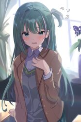 Rule 34 | 1girl, absurdres, arm at side, blazer, blush, brown jacket, collared shirt, cowboy shot, day, dot nose, flower, flying sweatdrops, green eyes, green hair, grey sweater, hair between eyes, hand on own chest, highres, idoly pride, indoors, jacket, komiyama ai, long bangs, long hair, looking at viewer, multicolored hair, ooho0216, open clothes, open jacket, open mouth, pink hair, purple flower, raised eyebrows, school uniform, shirt, sidelocks, solo, streaked hair, sweater, table, v-neck, vase, white shirt, window