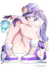 Rule 34 | 1girl, baseball cap, black hair, breasts, cleft of venus, earrings, genshin impact, gloves, green eyes, hair ornament, hat, highres, hot vr, jewelry, long hair, medium breasts, mona (genshin impact), nude, pussy, shoes, sitting, solo, tagme, twintails