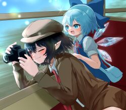 Rule 34 | 2girls, black hair, blue bow, blue dress, blue hair, bow, brown coat, brown headwear, camera, cirno, coat, collared shirt, commentary request, dress, fairy, hair bow, hat, highres, holding, holding camera, ice, ice wings, long sleeves, mikan (manmarumikan), multiple girls, necktie, pointy ears, red necktie, shameimaru aya, shameimaru aya (newsboy), shirt, short hair, short sleeves, touhou, white shirt, wings