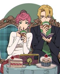 Rule 34 | 1boy, 1girl, blonde hair, book, cake, caro bambino, cellphone, couch, crossed legs, cup, cupcake, disposable cup, drink, drinking, drinking straw, drinking straw in mouth, earrings, food, fruit, green eyes, hair bun, highres, holding, holding book, holding cup, holding drink, jacket, jewelry, jojo no kimyou na bouken, lipstick, long sleeves, looking at another, looking down, makeup, nail polish, pannacotta fugo, parted bangs, phone, phone stand, pink hair, plate, pleated skirt, purple eyes, selfie, sitting, skirt, smartphone, strawberry, strawberry shortcake, sweater, table, tablecloth, trish una, turtleneck, turtleneck sweater, v, vento aureo
