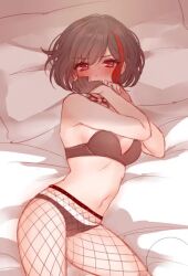 Rule 34 | 1girl, animated, bang dream!, black bra, black hair, black panties, blush, bra, commentary request, covering own mouth, denim, denim shorts, fishnet pantyhose, fishnets, gloves, jacket, lowres, mamaloni, midriff, mitake ran, multicolored hair, navel, on bed, panties, pantyhose, photoshop (medium), pillow, red eyes, shorts, single glove, solo, streaked hair, tagme, thigh strap, underwear, video