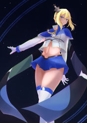 Rule 34 | 1girl, absurdres, azur lane, black background, blonde hair, blue capelet, blue eyes, blue skirt, braid, capelet, collared capelet, crown braid, feet out of frame, gloves, high collar, highres, hoyura, long hair, long sleeves, microskirt, midriff, outstretched arm, renown (azur lane), simple background, skirt, solo, thighhighs, white gloves, white thighhighs, zettai ryouiki