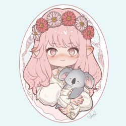 Rule 34 | 1girl, :&gt;, animal, animal hug, blush, cropped torso, dress, final fantasy, final fantasy xiv, flat chest, full-face blush, head wreath, heart, heart-shaped pupils, highres, holding, holding animal, koala, lalafell, long hair, looking at viewer, nail polish, pink eyes, pink hair, pointy ears, simple background, smile, solo, symbol-shaped pupils, udongo99, warrior of light (ff14), white dress