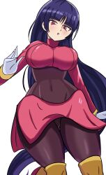 1girl amrbatafri black_bodysuit blunt_bangs bodystocking bodysuit bodysuit_under_clothes boots breasts commentary_request covered_navel creatures_(company) cropped_jacket game_freak gloves gluteal_fold highres hime_cut jacket knee_boots large_breasts long_hair long_sleeves nintendo pencil_skirt pokemon pokemon_frlg purple_hair red_eyes red_jacket red_skirt sabrina_(pokemon) side_slit skirt solo thighs turtleneck turtleneck_jacket white_background white_gloves