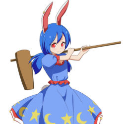 Rule 34 | 1girl, animal ears, blue dress, blue hair, rabbit ears, rabbit tail, cato (monocatienus), commentary request, crescent, dress, kine, looking at viewer, low twintails, mallet, puffy short sleeves, puffy sleeves, red eyes, seiran (touhou), short sleeves, simple background, solo, star (symbol), tail, touhou, twintails, white background