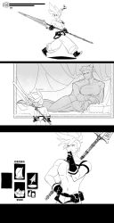 Rule 34 | bara, closed eyes, dark souls (series), galo thymos, greyscale, highres, kray foresight, large pectorals, male focus, monochrome, muscular, muscular male, paint, pants, pectorals, promare, solo, tight clothes, weapon, white-corner