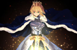 Rule 34 | 1girl, armor, armored dress, artoria pendragon (all), artoria pendragon (fate), augu (523764197), blonde hair, blue cape, cape, cowboy shot, crown, excalibur (fate/stay night), fate/stay night, fate (series), fur trim, gauntlets, green eyes, holding, holding sword, holding weapon, saber (fate), solo, standing, sword, weapon