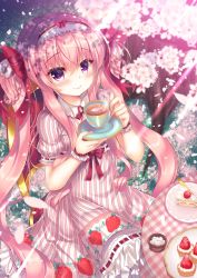 Rule 34 | 1girl, blush, braid, cake, chair, cherry blossoms, commentary request, cup, dress, food, food print, fruit, grass, hair between eyes, hair over shoulder, hair ribbon, hanami, highres, holding, holding cup, long hair, looking at viewer, original, outdoors, pink hair, plate, purple eyes, red ribbon, ribbon, short sleeves, sidelocks, sitting, smile, solo, strawberry, strawberry print, striped clothes, striped dress, sugar cube, suzunone rena, table, twintails, vertical-striped clothes, vertical-striped dress, very long hair, wrist cuffs