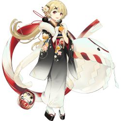 Rule 34 | 1girl, bandaged arm, bandages, black surge night, blonde hair, daruma doll, floral print, food, fruit, full body, hair ornament, holding, japanese clothes, juneau (black surge night), llc, long hair, looking at viewer, low twintails, obi, official alternate costume, official art, okobo, orange (fruit), parted lips, red eyes, sandals, sash, solo, tabi, transparent background, twintails, white legwear, wide sleeves