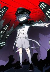 Rule 34 | 1boy, aged down, black cape, black footwear, black hat, bottle, buttons, cape, city, danganronpa (series), danganronpa v3: killing harmony, double-breasted, flipped hair, full body, grey jacket, grey shorts, grey socks, grin, hair between eyes, half-closed eye, hat, highres, holding, holding bottle, jacket, kneehighs, long sleeves, looking at viewer, oma kokichi, peaked cap, red background, shachoo (poco poco), shorts, smile, socks, solo, standing, teeth, torn cape, torn clothes, two-tone footwear