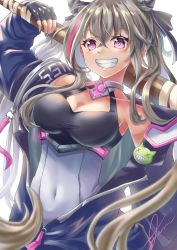 Rule 34 | 1girl, :d, azur lane, baseball bat, blue jacket, breasts, cleavage, covered navel, crossed bangs, grey hair, hair horns, highres, jacket, long hair, medium breasts, multicolored hair, open clothes, open jacket, open mouth, pink hair, purple eyes, san francisco (azur lane), signature, simple background, smile, streaked hair, teeth, twintails, two-tone hair, white background, yam (yam6056)