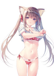 Rule 34 | 1girl, animal ear fluff, animal ears, bra, breasts, brown eyes, brown hair, cat ears, closed mouth, cowboy shot, gluteal fold, hair ribbon, highres, lace, lace-trimmed bra, lace-trimmed panties, lace trim, long hair, looking at viewer, medium breasts, miwabe sakura, mole, mole under eye, navel, no pants, non-web source, original, panties, red bra, red panties, ribbon, shirt, short sleeves, side-tie panties, simple background, solo, standing, stomach, thighs, twintails, underwear, undressing, very long hair, white background, white shirt