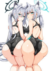 Rule 34 | 2girls, ahoge, all fours, animal ear fluff, animal ears, ass, ass focus, back, bare shoulders, black one-piece swimsuit, blue archive, blue eyes, blue halo, blush, breast press, breasts, broken halo, cameltoe, cleft of venus, competition swimsuit, cross, cross hair ornament, extra ears, from behind, grey hair, hair ornament, halo, highres, inverted cross, kneepits, kojima saya, long hair, looking at viewer, looking back, low ponytail, medium breasts, medium hair, mismatched pupils, multicolored clothes, multicolored swimsuit, multiple girls, official alternate costume, one-piece swimsuit, shiroko (blue archive), shiroko (swimsuit) (blue archive), shiroko terror (blue archive), simple background, swimsuit, take your pick, two-tone swimsuit, very long hair, white background, wolf ears