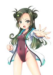 Rule 34 | 1girl, absurdres, ahoge, black hair, breasts, collarbone, covered navel, double bun, forehead, foreshortening, green hair, hair bun, highleg, highleg swimsuit, highres, jacket, kantai collection, long hair, long sleeves, looking at viewer, makinami (kancolle), multicolored hair, one-piece swimsuit, open mouth, purple one-piece swimsuit, simple background, small breasts, smile, solo, standing, swimsuit, white background, white jacket, yashin (yasinz)