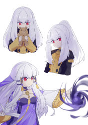 Rule 34 | 1girl, absurdres, alternate hairstyle, book, closed mouth, fire emblem, fire emblem: three houses, garreg mach monastery uniform, hair ornament, highres, holding, holding book, holding stuffed toy, long hair, long sleeves, lysithea von ordelia, magic, multiple views, nintendo, open book, ponytail, poppy (poppykakaka), red eyes, simple background, stuffed animal, stuffed toy, teddy bear, uniform, white background, white hair, wide sleeves