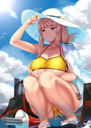 Rule 34 | 1girl, bag, bikini, blouse, blush, breast hold, breasts, cleavage, cloud, collarbone, collared shirt, day, fate/grand order, fate (series), feet, florence nightingale (chaldea lifesavers) (fate), florence nightingale (fate), frown, hair ribbon, half-closed eyes, hat, highres, hitotsuki nebura, holding, jacket, jacket on shoulders, large breasts, legs together, long hair, megaphone, open clothes, open shirt, outdoors, pink hair, red eyes, ribbon, ringed eyes, sandals, shirt, shoulder bag, side-tie bikini bottom, sidelocks, sky, solo, squatting, swimsuit, test tube, thighs, toes, underboob, white shirt, yellow bikini
